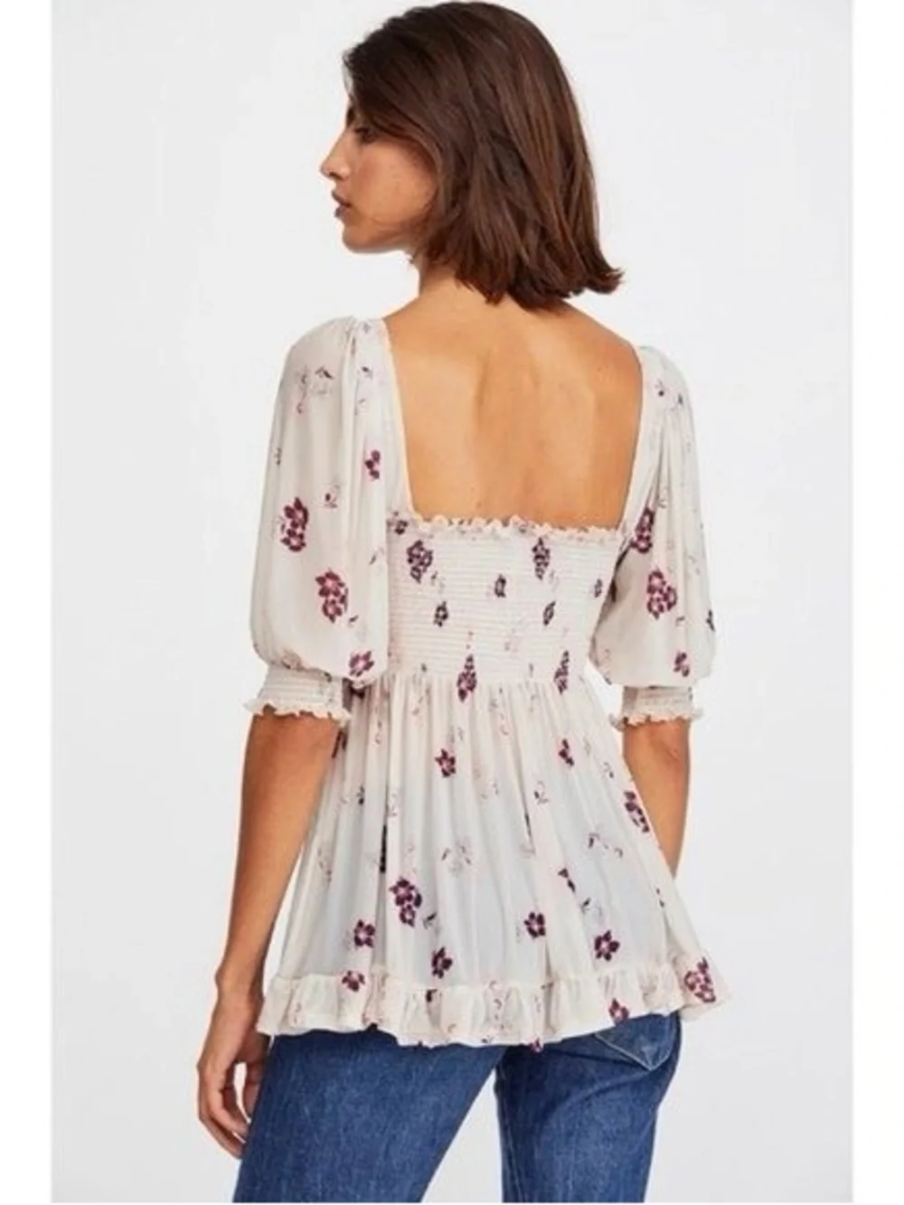 Free People Delta Dawn white Floral Smocked Top Medium